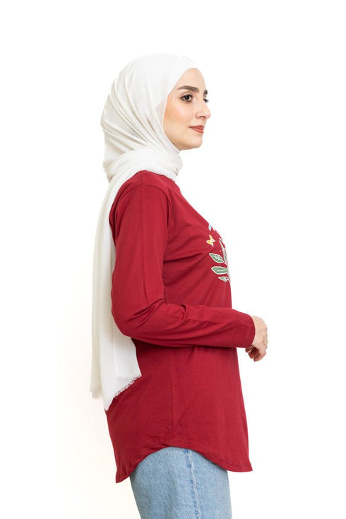 Brick Red Printed Long - Sleeve Design 17 - Khotwh
